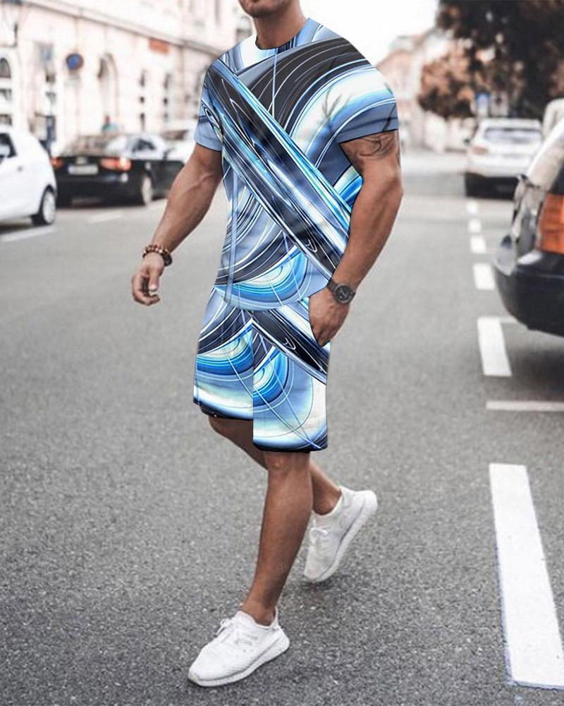 Summer Striped Multicolor T-shirt Shorts Two-piece Suit