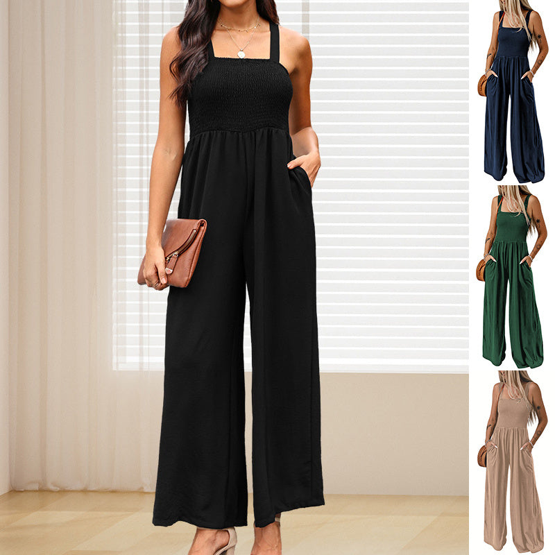 Summer Square Neck High Waist Jumpsuit Women's Backless Pleated Design Wide Leg Trousers Clothing