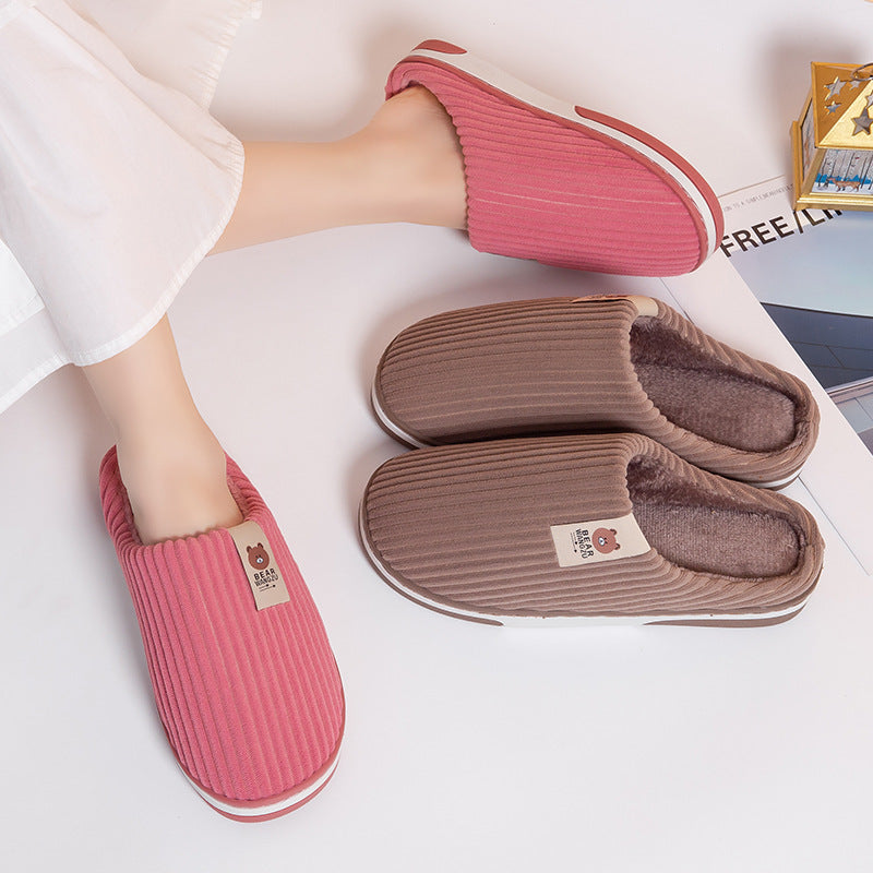 Solid Color Striped Slippers For Women Thick-soled Anti-slip Indoor Warm Plush Home Shoes Couple Women Men Slipper Winter