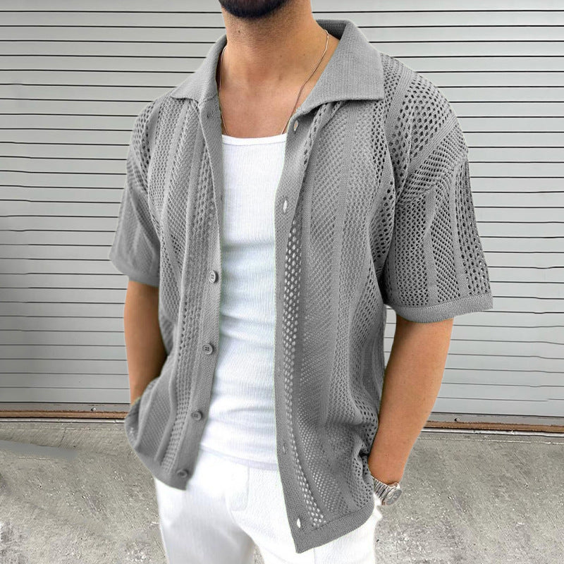 Men's Thin Sweater Lapel Short Sleeve Hollow Cardigan