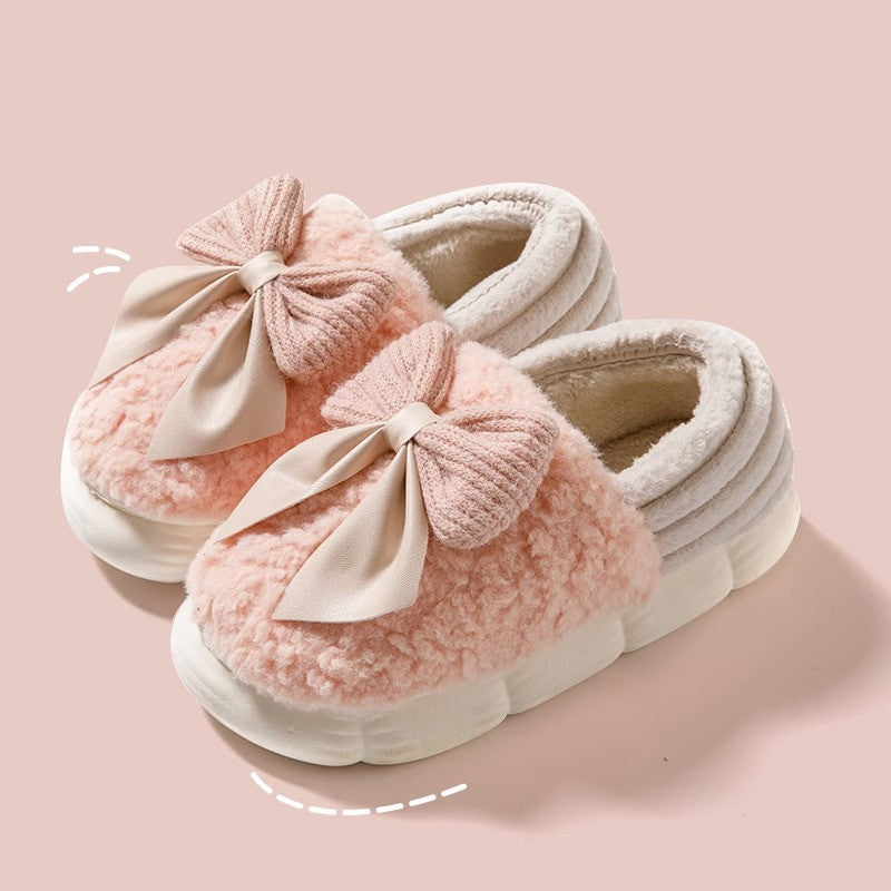 Big Bow-knot Fluffy Slippers Winter Warm Covered Heel Cotton Shoes Fashion Thick-soled Platform Slippers Indoor And Outdoor Garden Walking Shoes