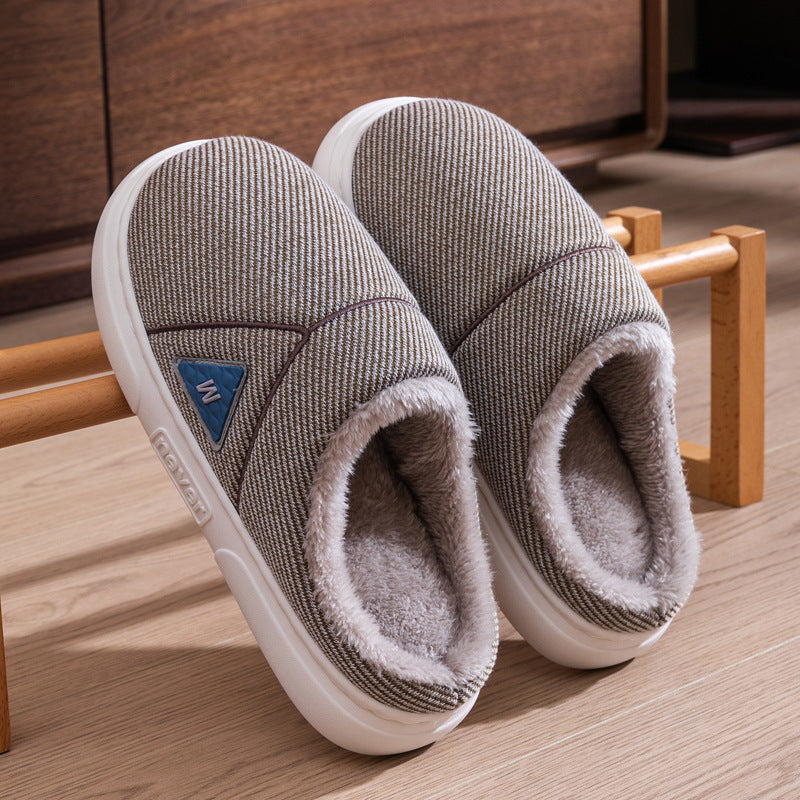 Solid Striped Home Slippers Winter Warm Fleece Shoes Men Indoor Bedroom Floor Plush Slippers For Women Couple