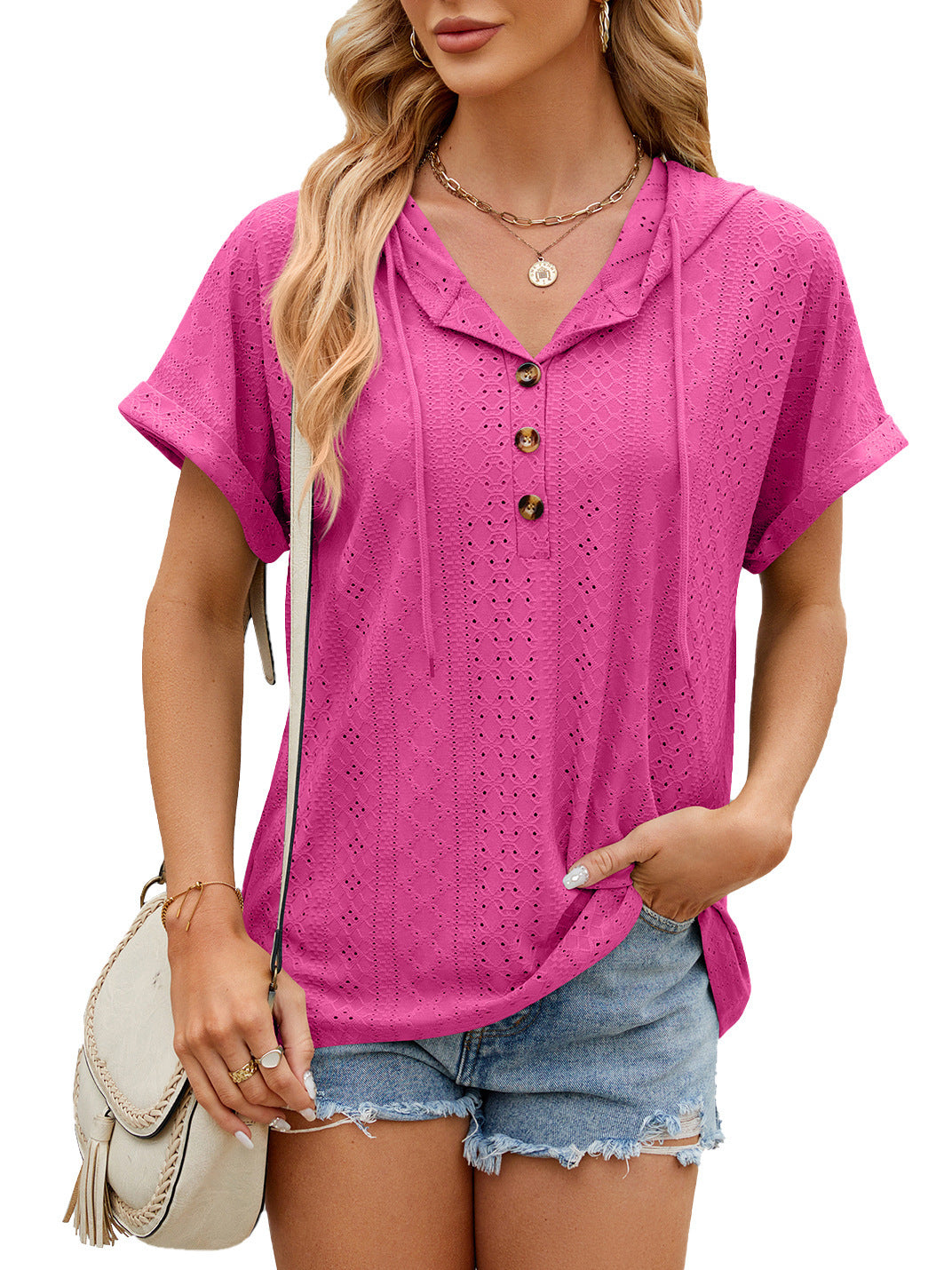 New Solid Color Hooded Button T-shirt Loose Hollow Design Short-sleeved Top For Womens Clothing