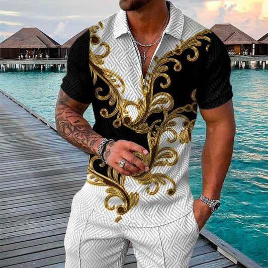 Men's Summer Fashion 3D Printed Short Sleeve Geometric Zip Lapel Shirt Set