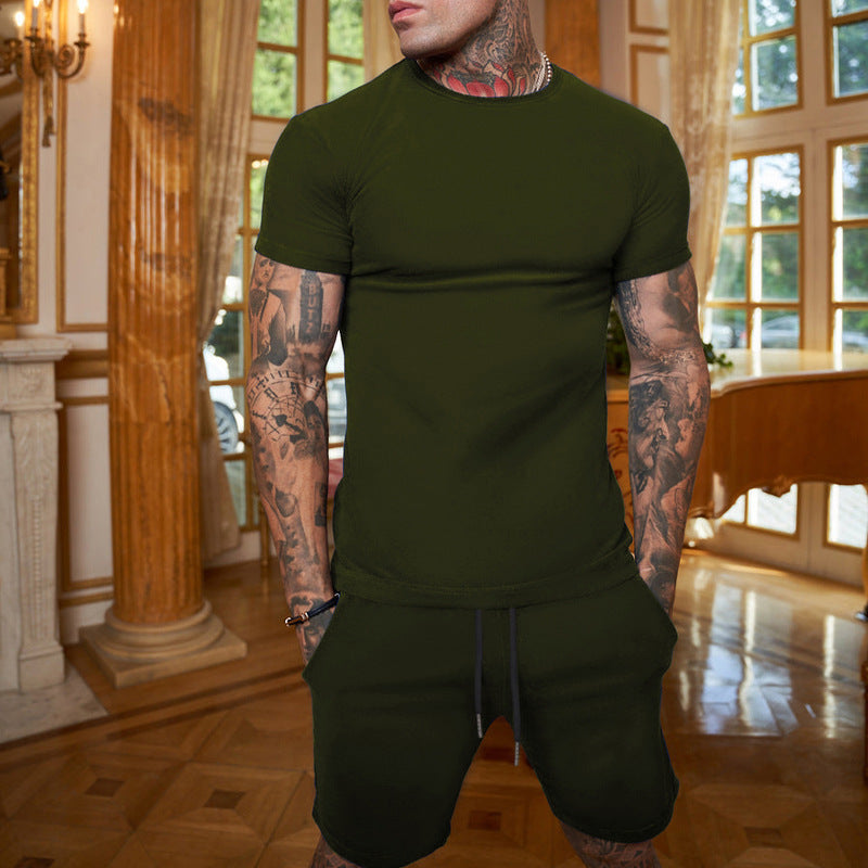 Men's Fashion Solid Color Short Sleeve Shorts Set