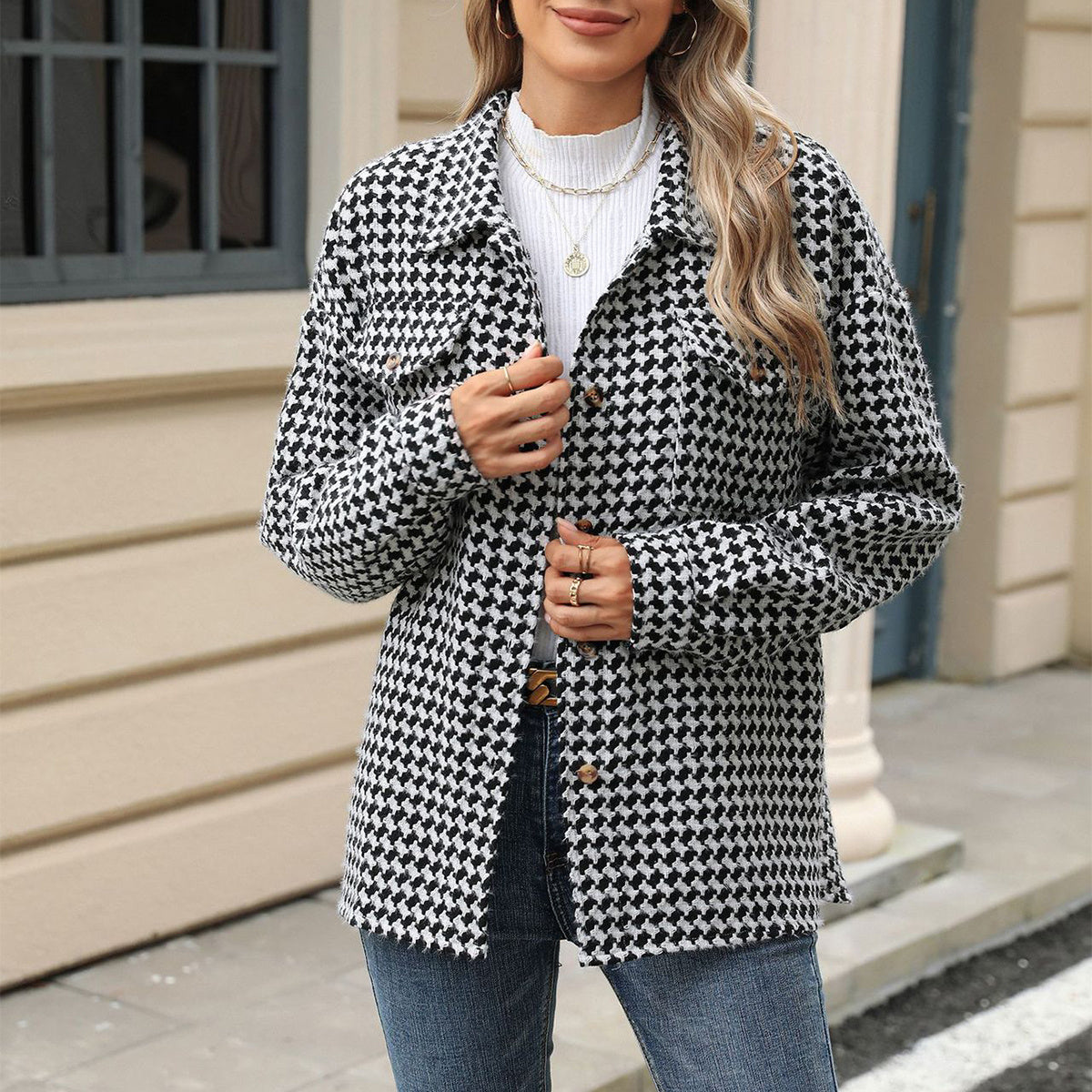 Fashion Houndstooth Lapel Tweed Coat Casual Loose Long Sleeve Jacket With Pocket Outwear Tops For Womens Clothing