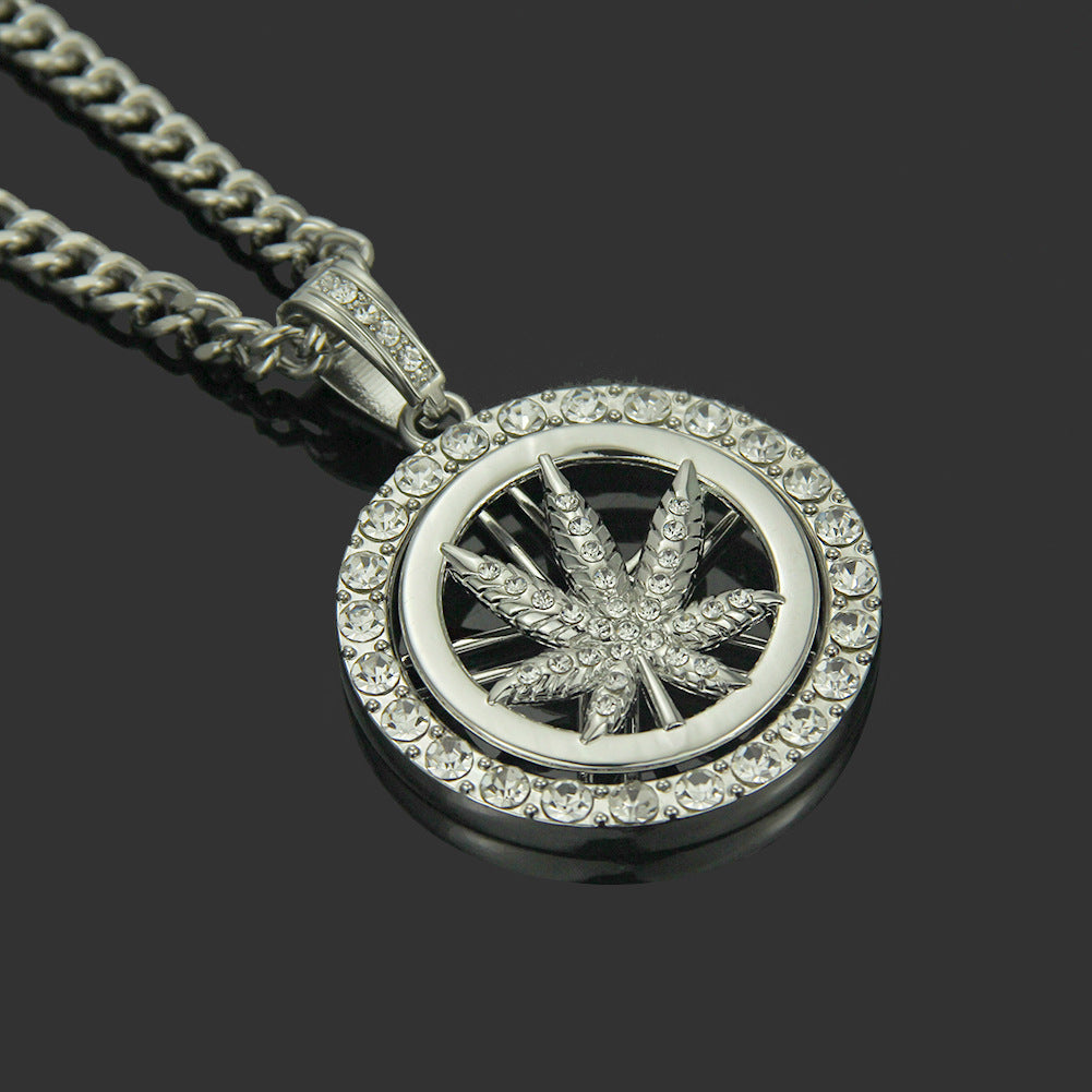 European Hip Hop Diamond Maple Leaf Turntable Necklace For Men