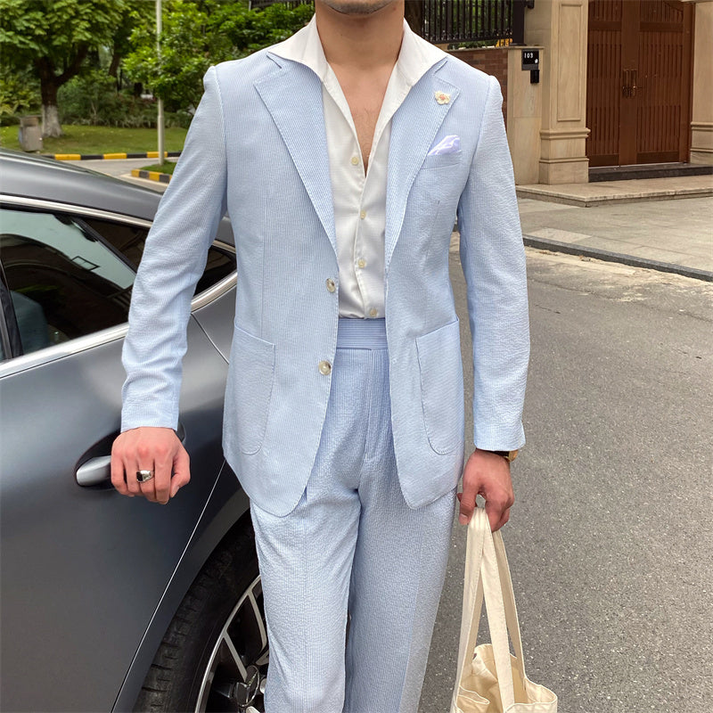 Thin Seersucker Suit For Men In Blue Stripes