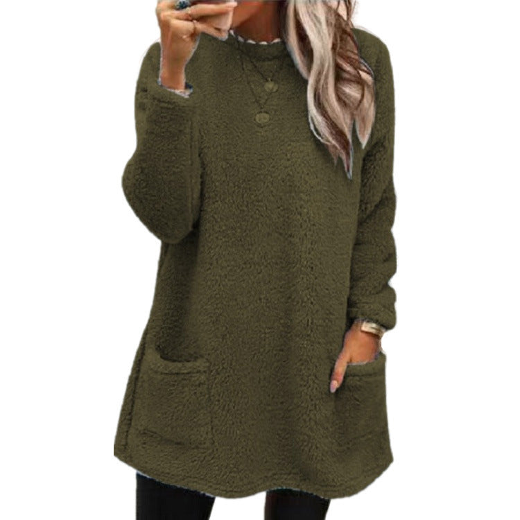 Women's Fleece Pullover Long Sweater With Pockets Winter Warm Casual Long Sleeve Plush Tops