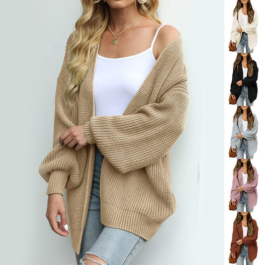 Fashion Lantern-sleeved Sweater With Pockets Casual Loose Solid Knit Cardigan Autumn Tops Womens Clothing