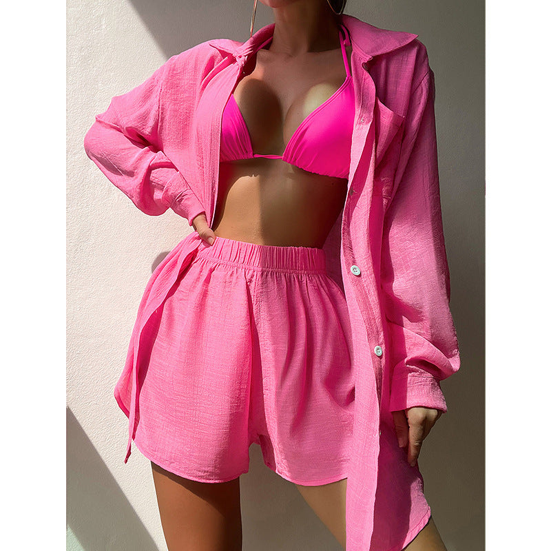 Women's Fashion Solid Color Shirt And Shorts Set