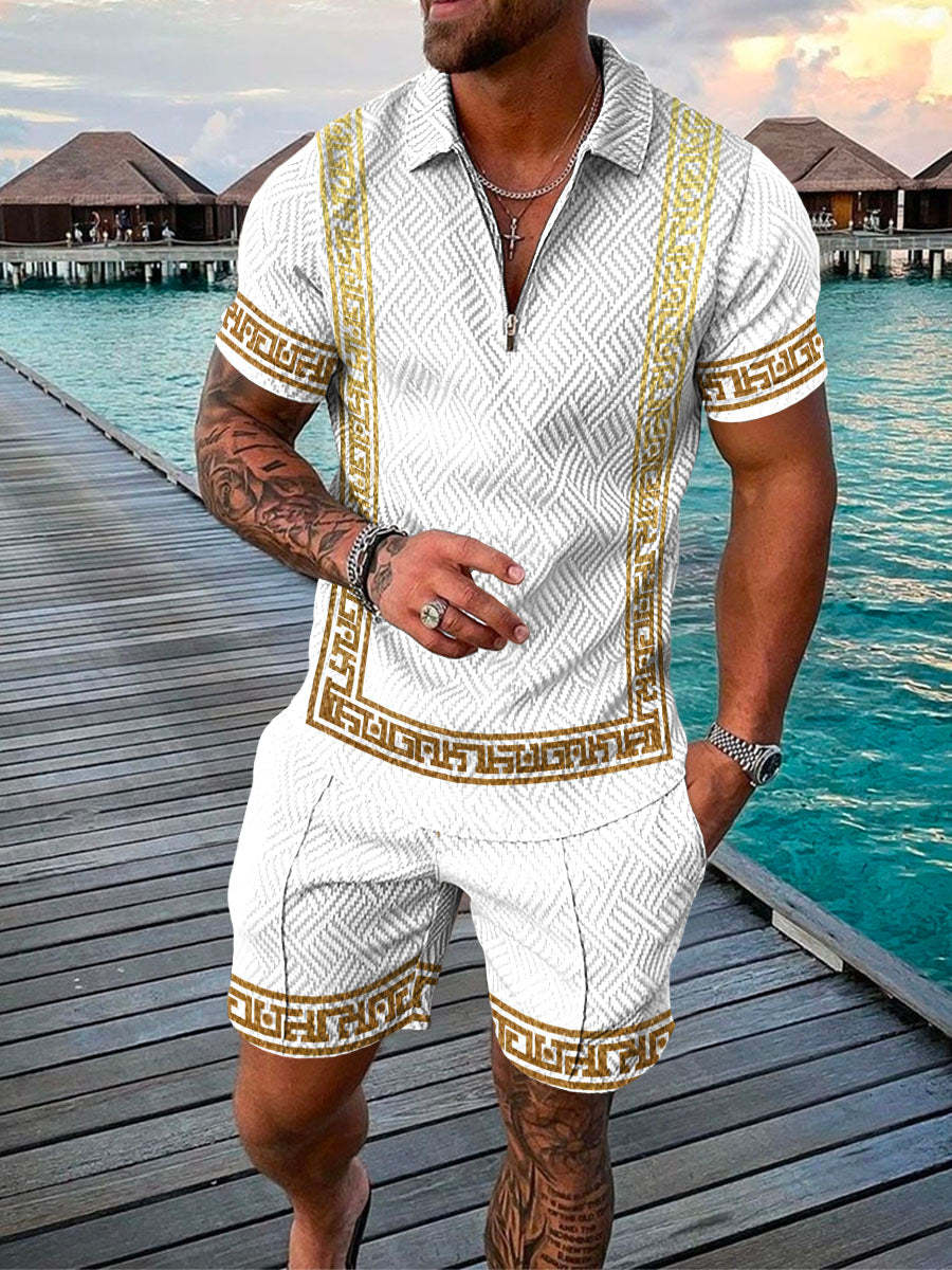 Men's Summer Fashion 3D Printed Short Sleeve Geometric Zip Lapel Shirt Set