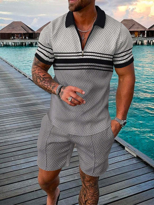 Men's Summer Fashion 3D Printed Short Sleeve Geometric Zip Lapel Shirt Set