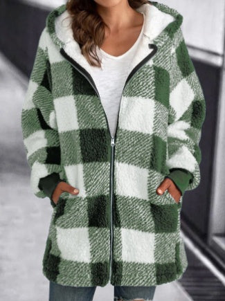 European And American Plush Women's Coat Long Sleeved Plaid