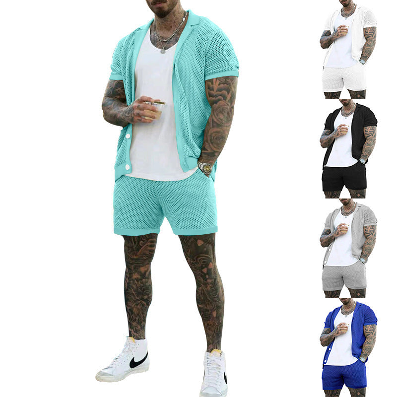 Men's Fashion Casual Hollow Short-sleeved Shorts Set