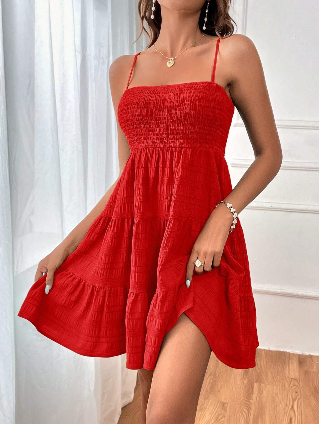 Summer Square-collar Suspender Pleated Dress Fashion Solid Color Beach Dresses For Womens Clothing