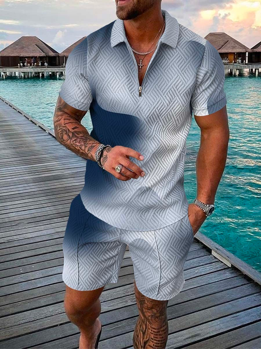 Men's Summer Fashion 3D Printed Short Sleeve Geometric Zip Lapel Shirt Set