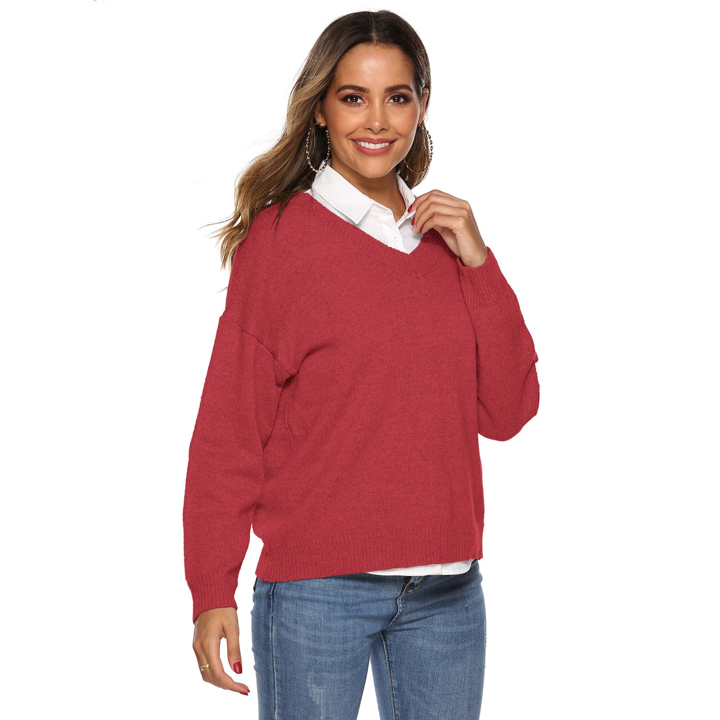 Pure color simple woven V-neck pullover sweater