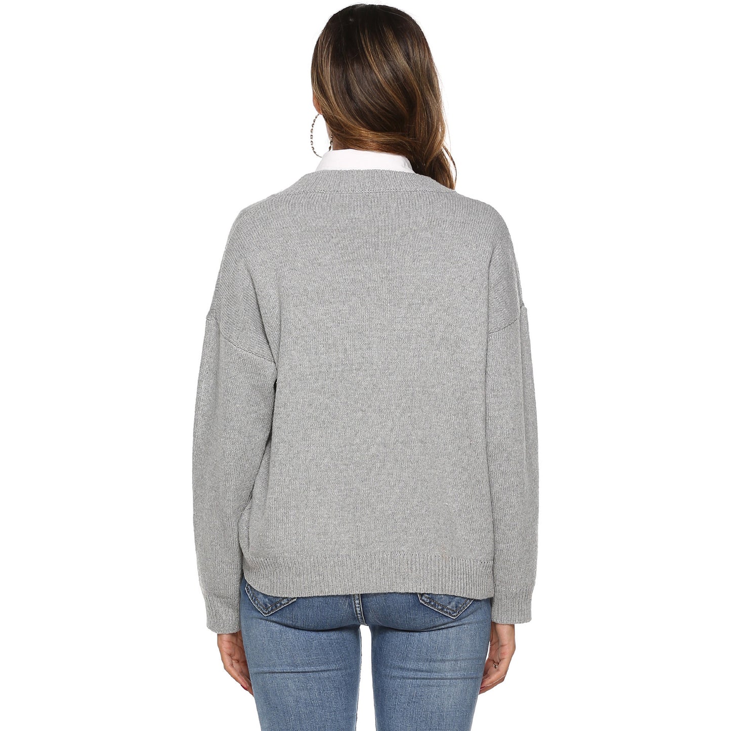 Pure color simple woven V-neck pullover sweater