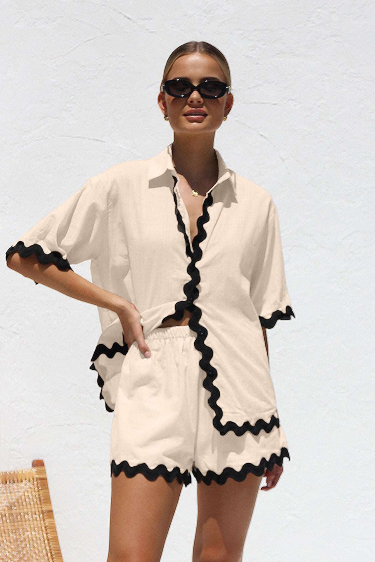 2Pcs Summer Shirt Suit With Short-sleeved V-neck Shirt And Shorts Fashion Wave Print Suits For Womens Clothing