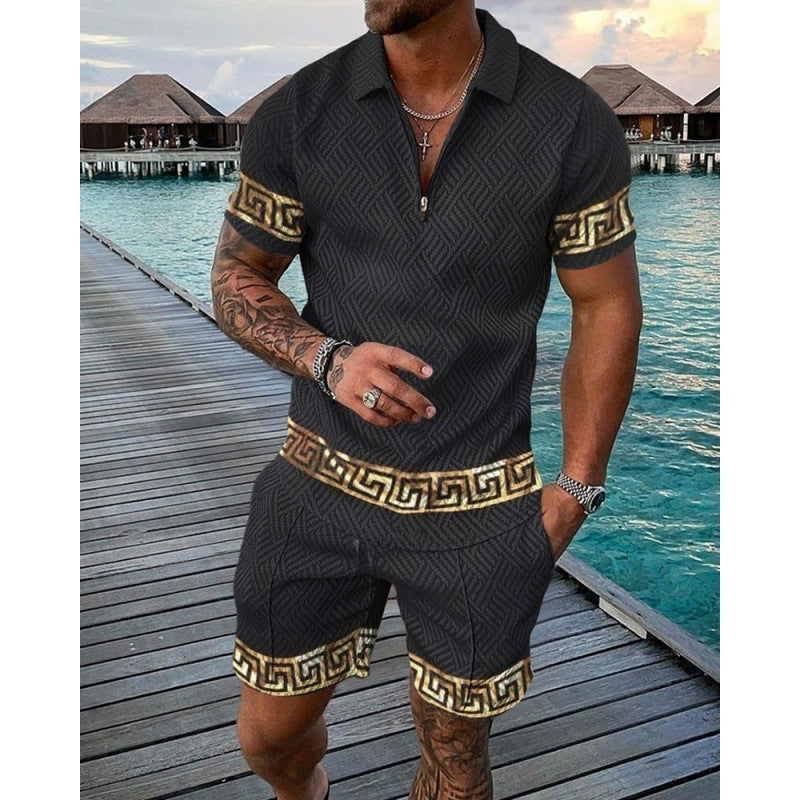 Short Sleeve Casual Striped Zip-Up POLO Shirt Men's Shorts Set