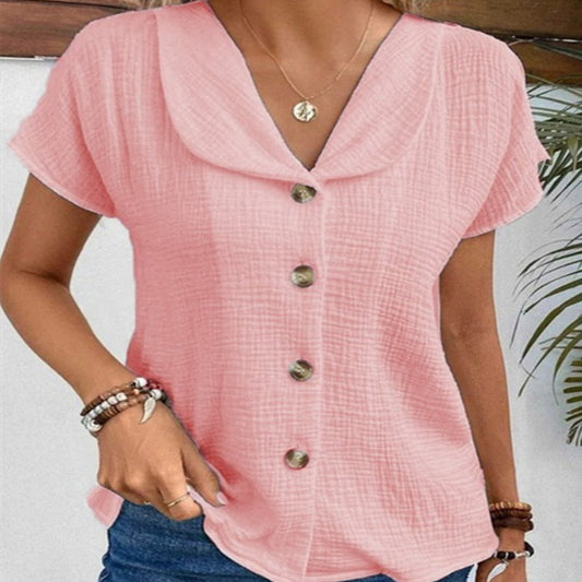 Summer Solid Color Fashion Short-sleeved Cardigan Button Women's Top