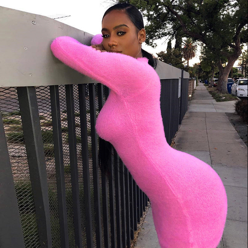 Turtleneck furry sexy tight step skirt