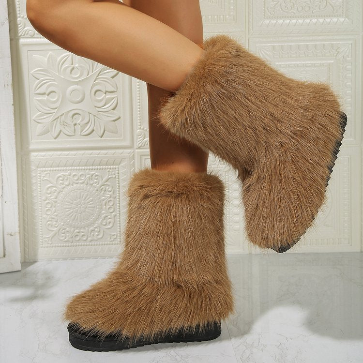 Fashion Long Plush Snow Boots Winter Warm Mid-tube Furry Cotton Shoes For Women Short Boot