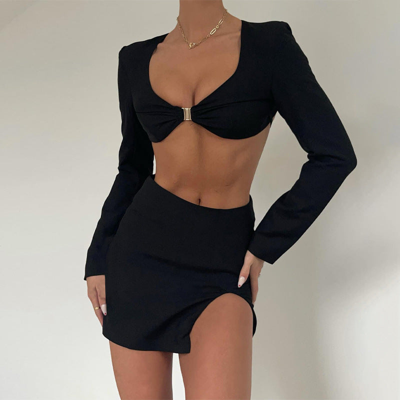 Long Sleeve Cutout T-Shirt Irregular Skirt Two Piece Set