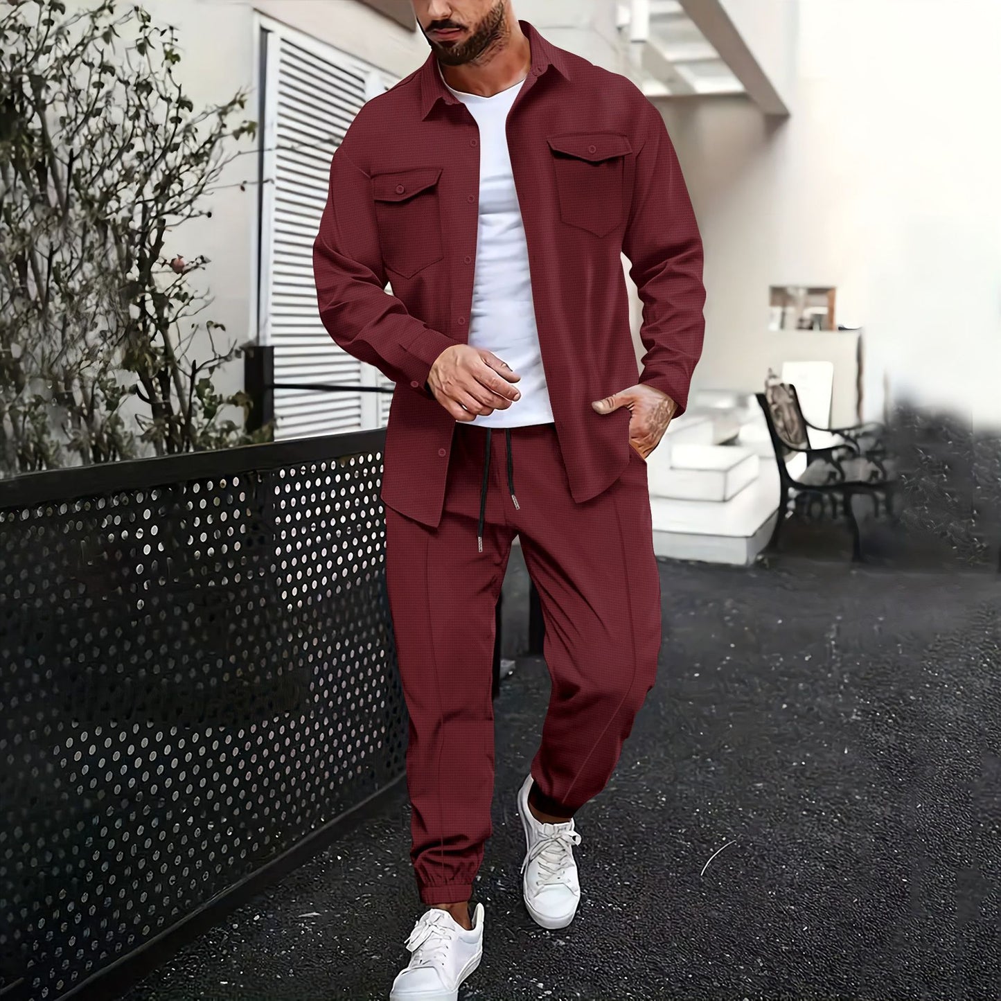Double Pocket Printed Men's Casual Long Sleeve Shirt Trousers