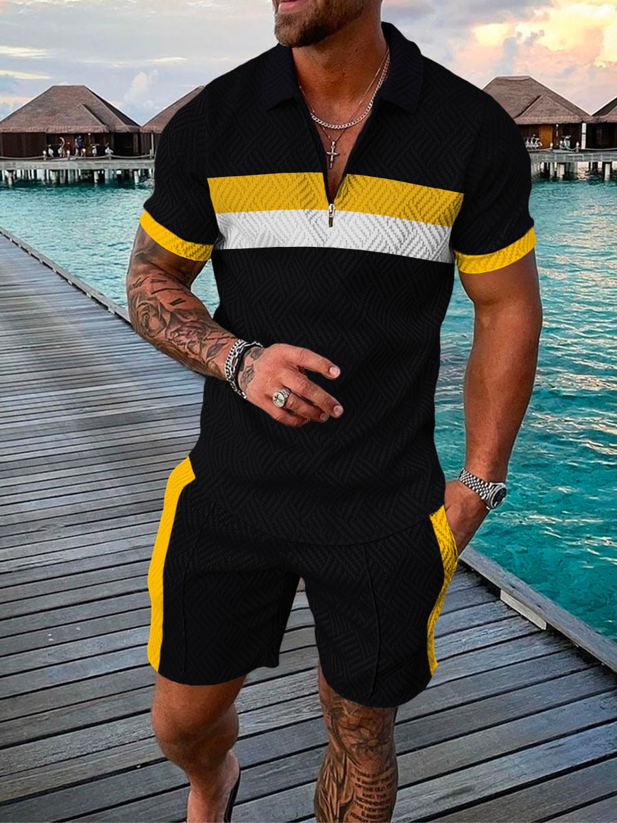 Men's Summer Fashion 3D Printed Short Sleeve Geometric Zip Lapel Shirt Set