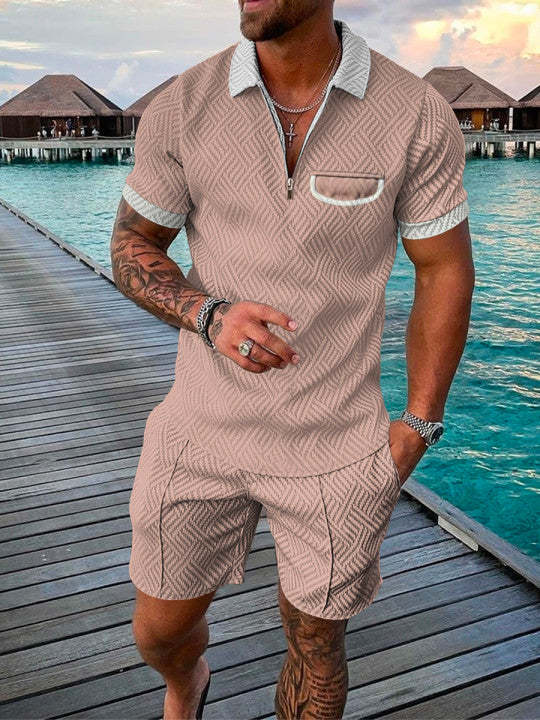 Men's Summer Fashion 3D Printed Short Sleeve Geometric Zip Lapel Shirt Set