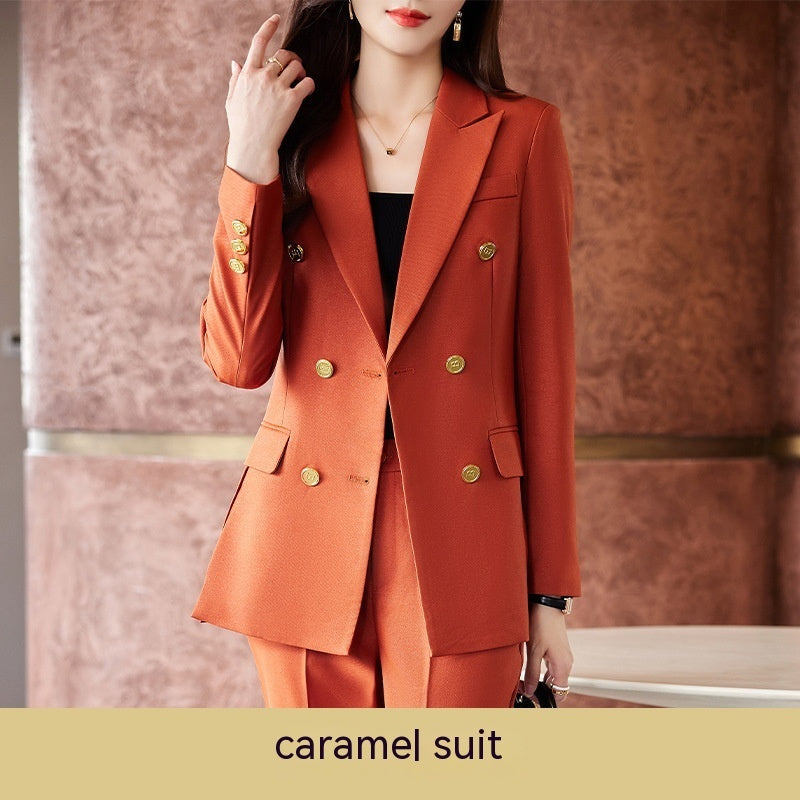 Caramel Suit Women's Fashion Temperament Double Breasted High Sense Slim Fit Suits