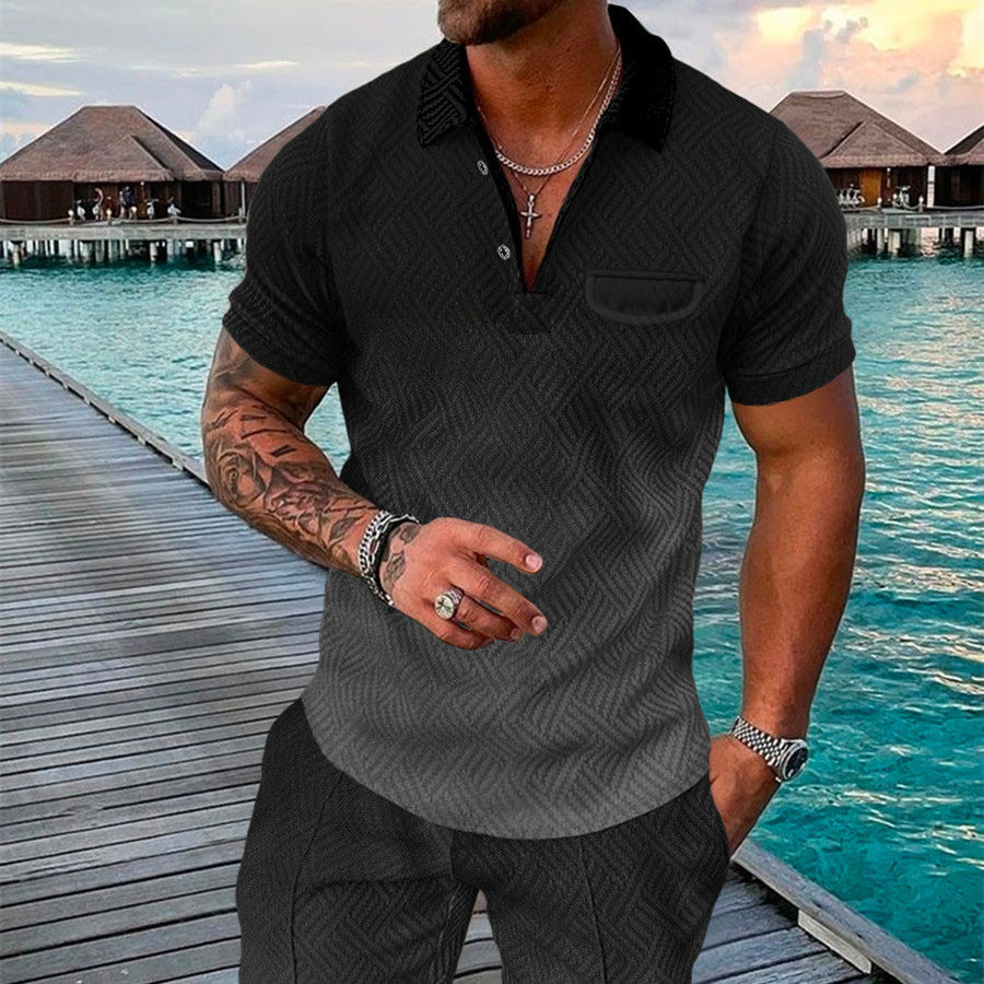 Men's Summer Fashion 3D Printed Short Sleeve Geometric Zip Lapel Shirt Set