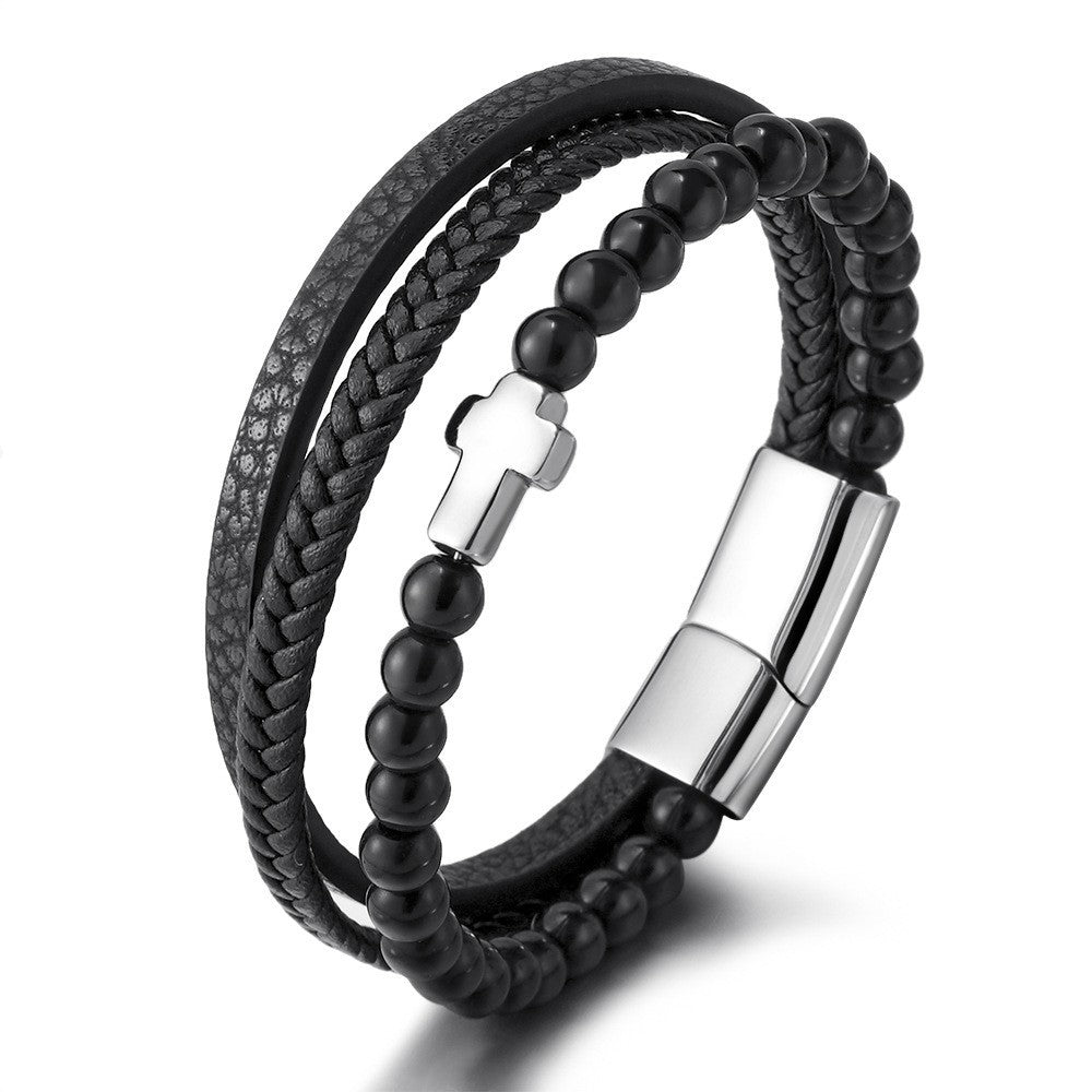 Pulsera cruzada de acero inoxidable multicapa para hombre