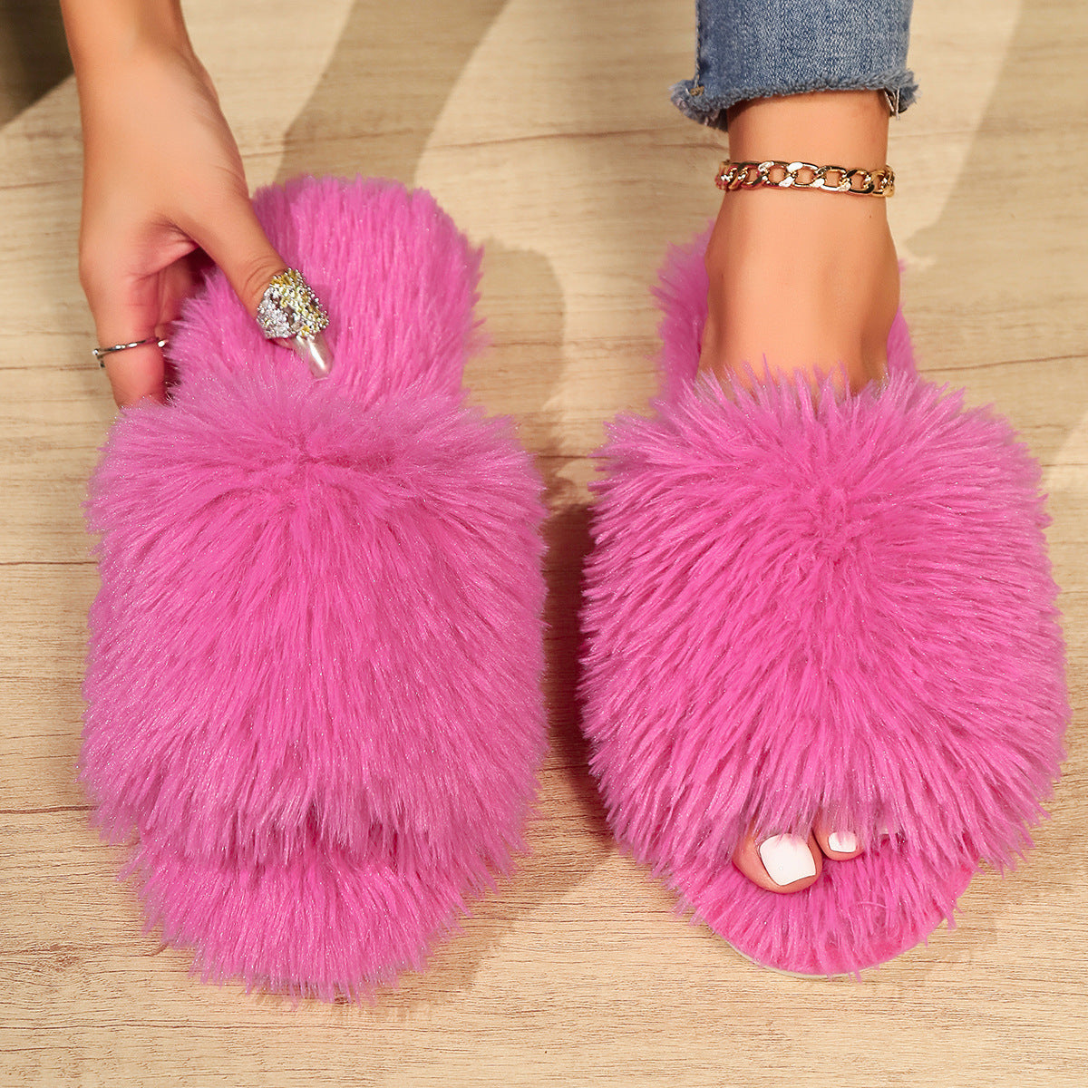 Fashion Open-toed Plush Slippers Winter Warm Indoor Bedroom Floor Soft Fluffy Slipper For Couple Solid Color House Shoes Women