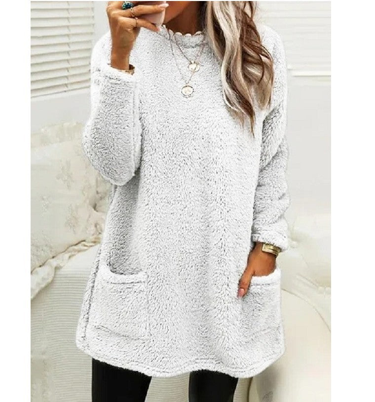 Women's Fleece Pullover Long Sweater With Pockets Winter Warm Casual Long Sleeve Plush Tops