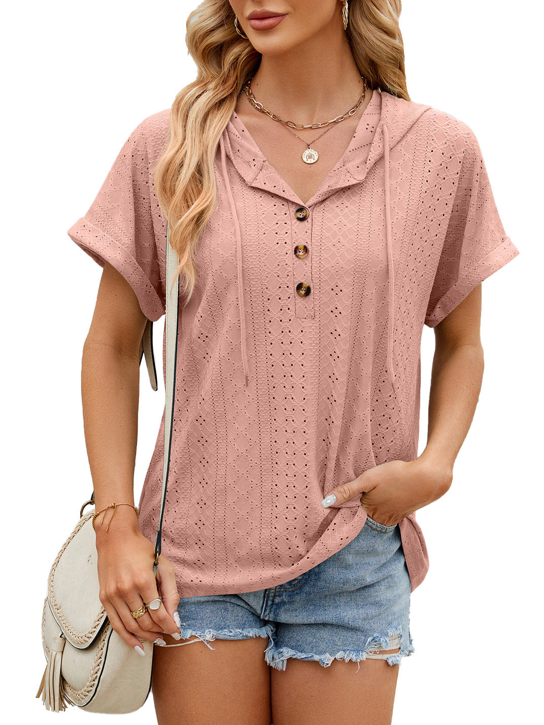 New Solid Color Hooded Button T-shirt Loose Hollow Design Short-sleeved Top For Womens Clothing