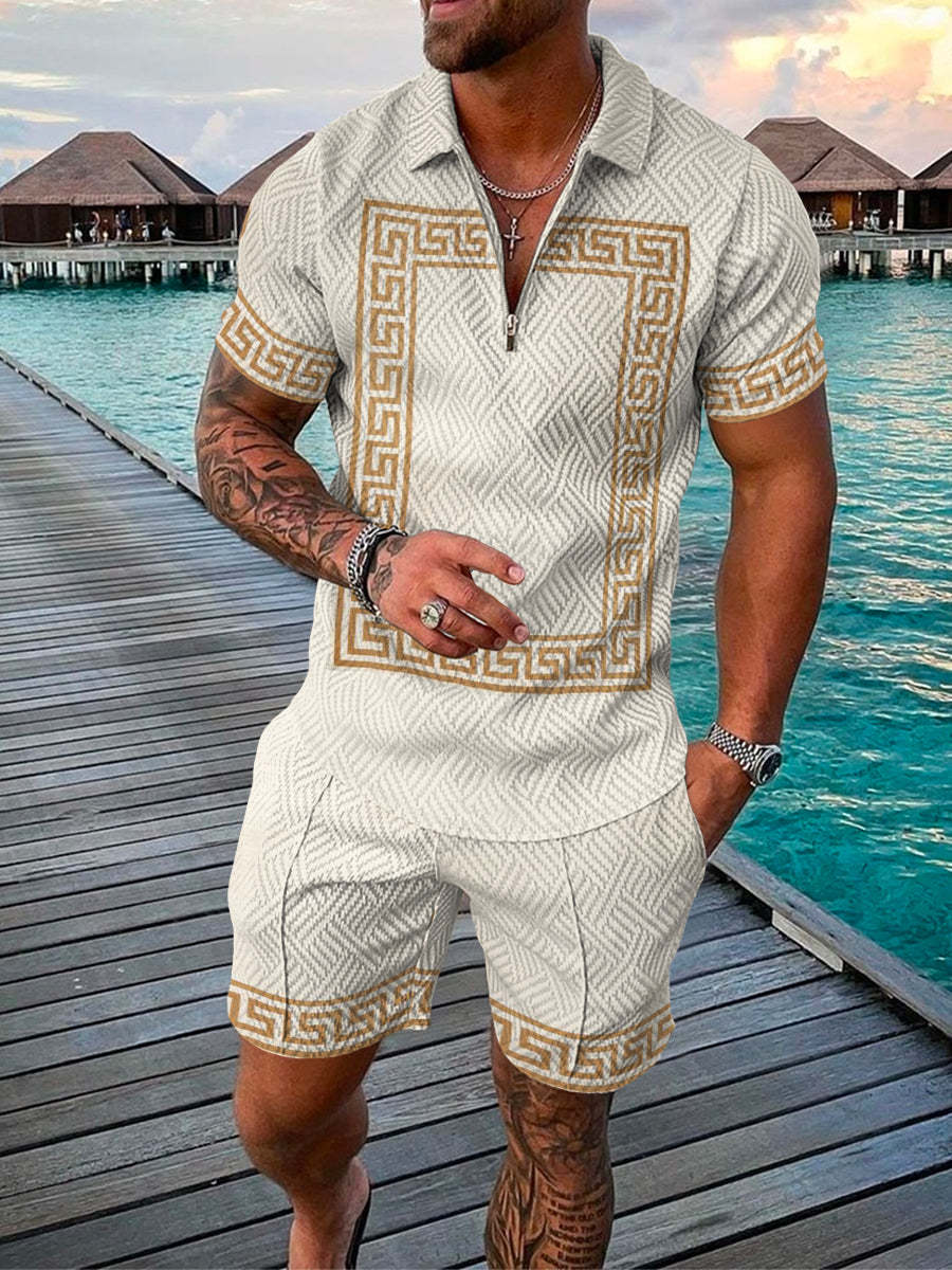 Men's Summer Fashion 3D Printed Short Sleeve Geometric Zip Lapel Shirt Set