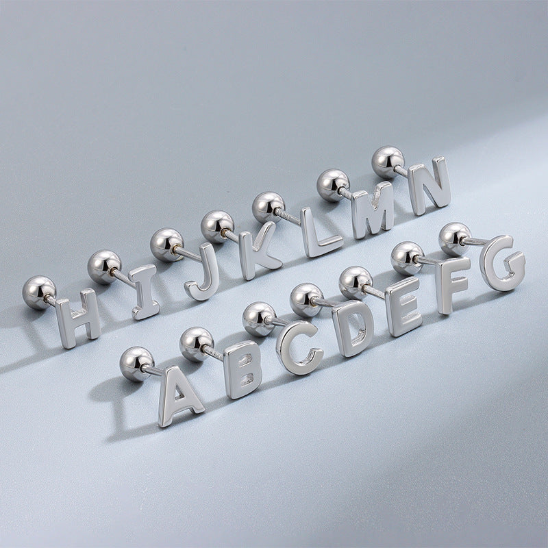 S925 Sterling Silver Glossy 26 Letters Screw Pin Ear Studs