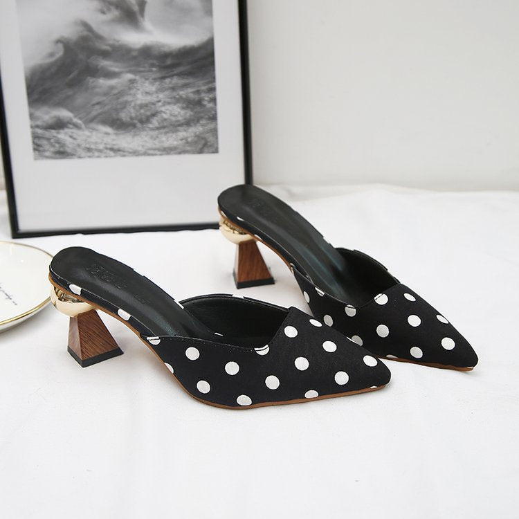 Women's Thick High Heel Square Toe Polka Dot Round Buckle Slippers