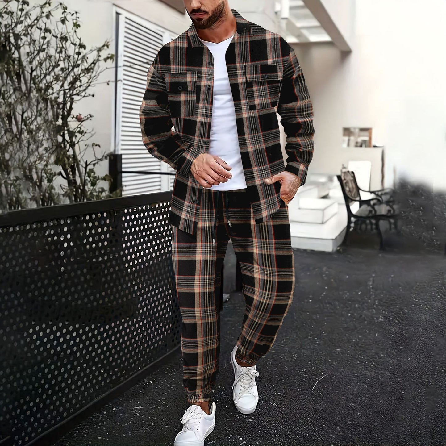 Double Pocket Printed Men's Casual Long Sleeve Shirt Trousers