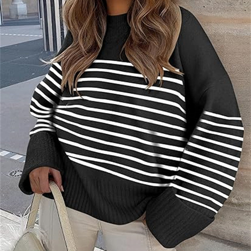 Women's Round-neck Long Sleeve Oversized Plush Knitted Thick Thermal Head Cover Striped Sweater