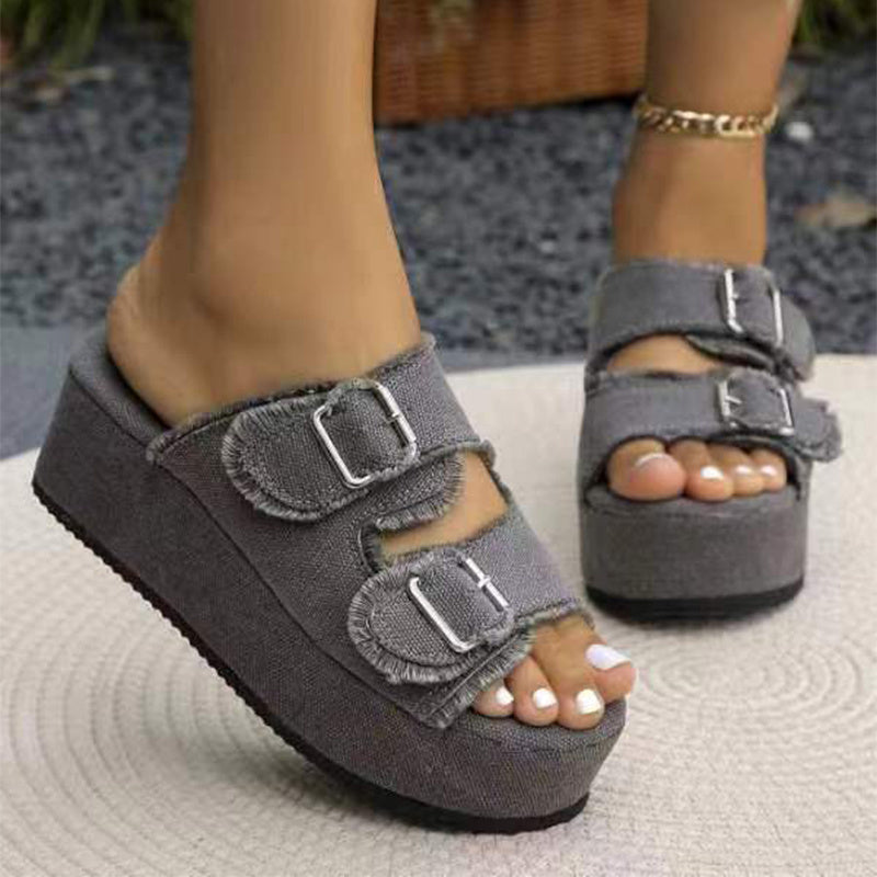 Fashion Denim Buckle Wedges Sandals Summer Outdoor High Heel Slippers Thick Bottom Camouflage Shoes For Women