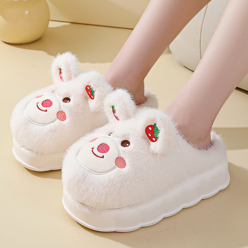 High Heel Cotton Slippers Women's Thick Bottom Cartoon Cute Bear Girl Heart Home Fluffy Slippers Winter Warm