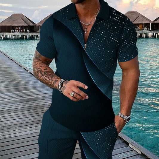 Men's Summer Fashion 3D Printed Short Sleeve Geometric Zip Lapel Shirt Set