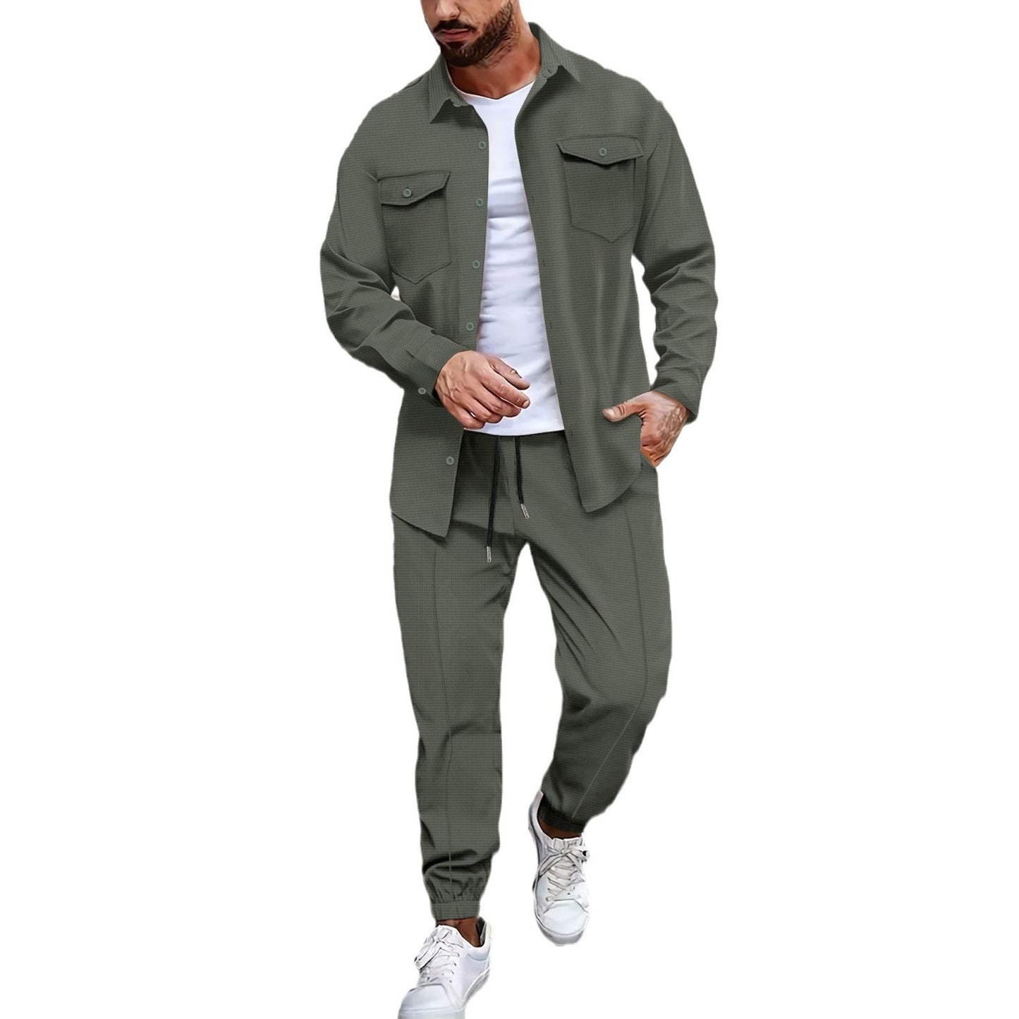 Double Pocket Printed Men's Casual Long Sleeve Shirt Trousers