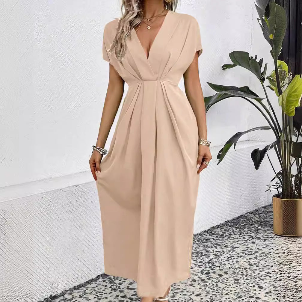 Solid Color Deep V Shoulder Sleeve Folding Elastic Waist Long Dress