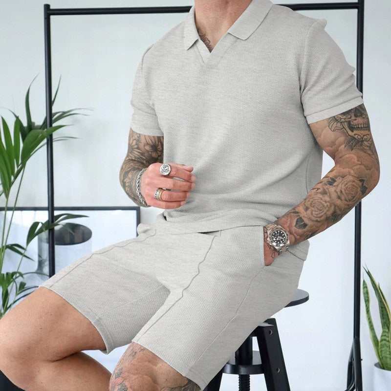 Men's Fashion Waffle V-neck Short-sleeved Shorts Two-piece Set