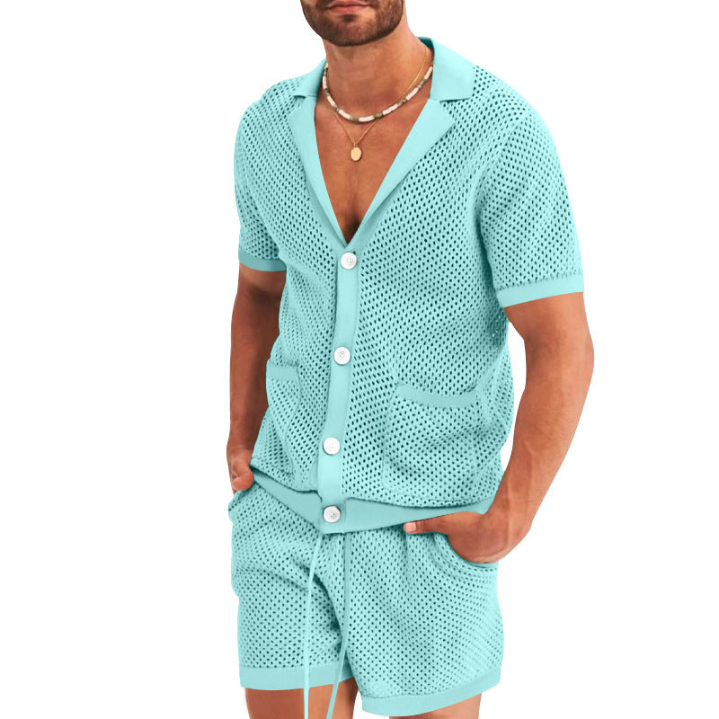 Men's Fashion Casual Hollow Short-sleeved Shorts Set